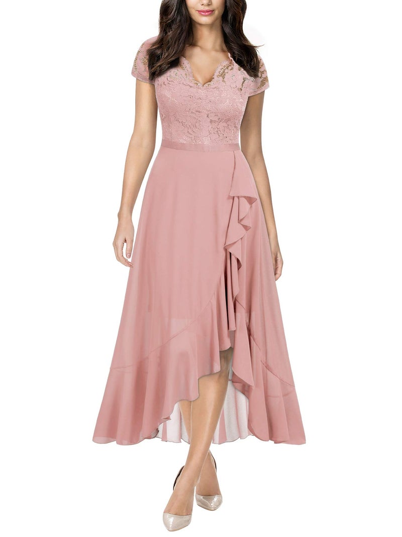 Miusol Women's V Neck Elegant Lace Ruffle Bridesmaid Maxi Dress (X-Large, Pink) - Image 1